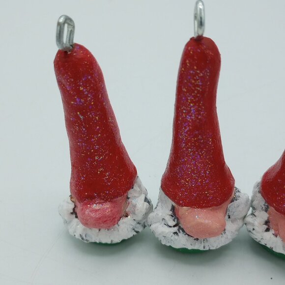 Red Chris Green Gnome Ornaments Christmas Pendant Handmade OOAK Folkart Set of 4 - Picture 3 of 8
